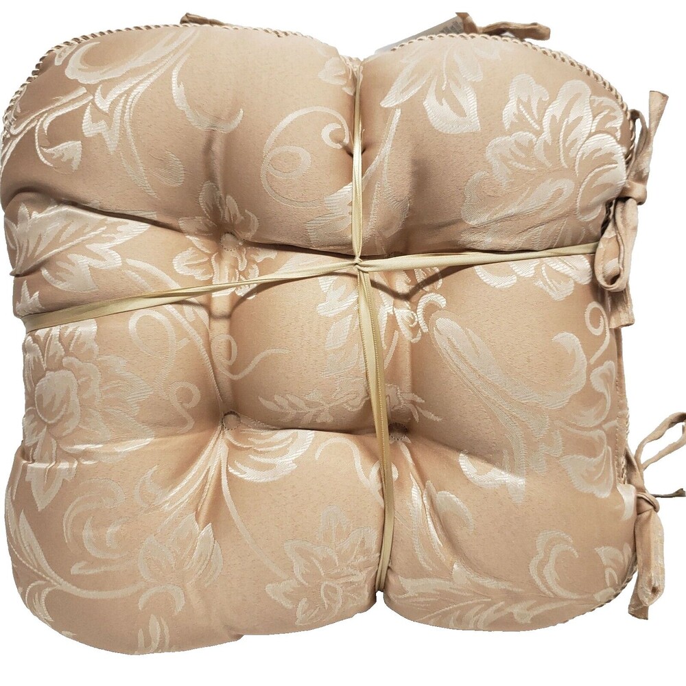 SET OF 2 THICK CUSHION CHAIR PADS w/ties(15"x15")DAMASK FLOWERS ON DARK BEIGE,BH